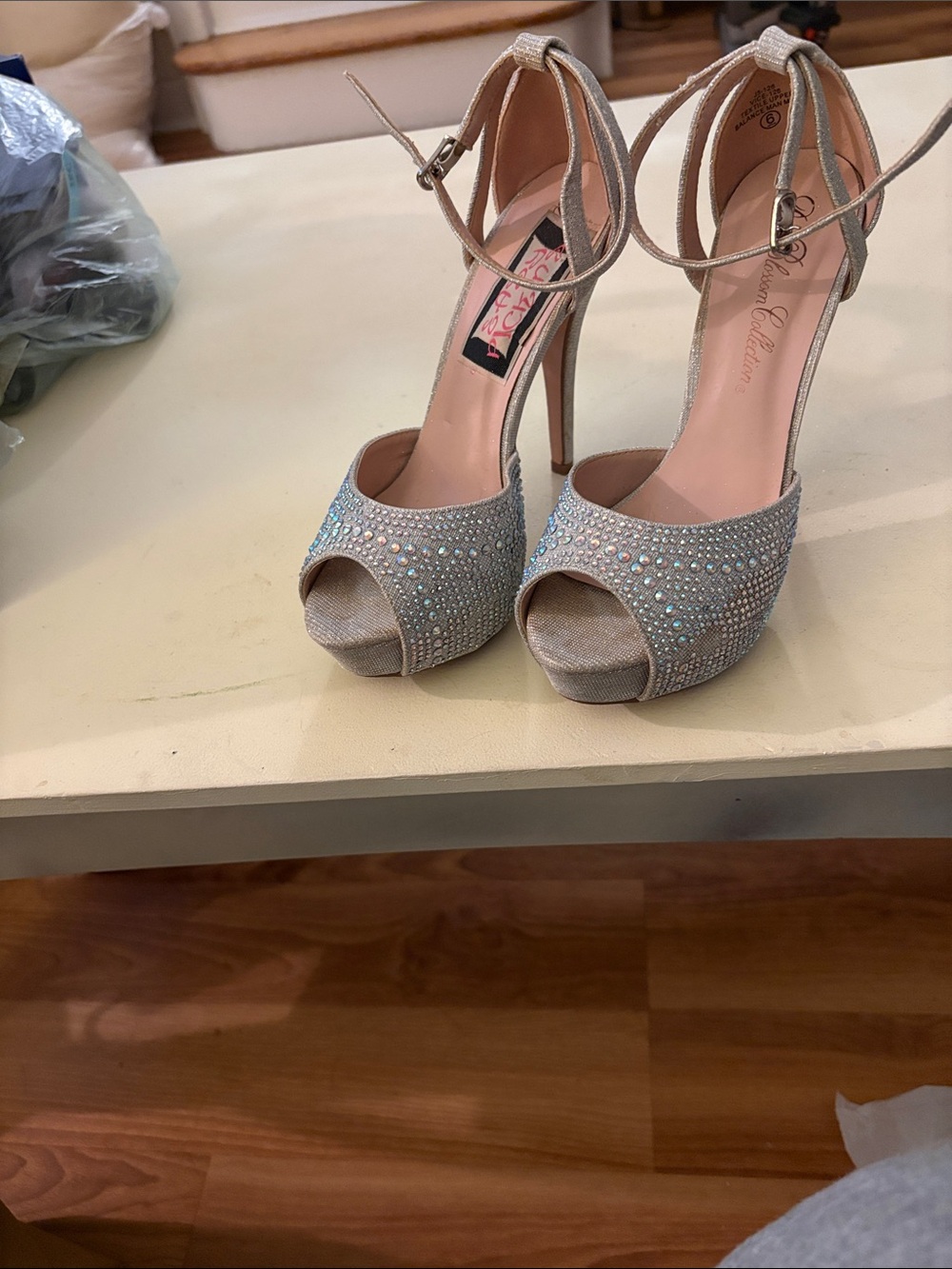 De Blossom Collection Silver Crystal Peep-Toe Ankle Strap Heels